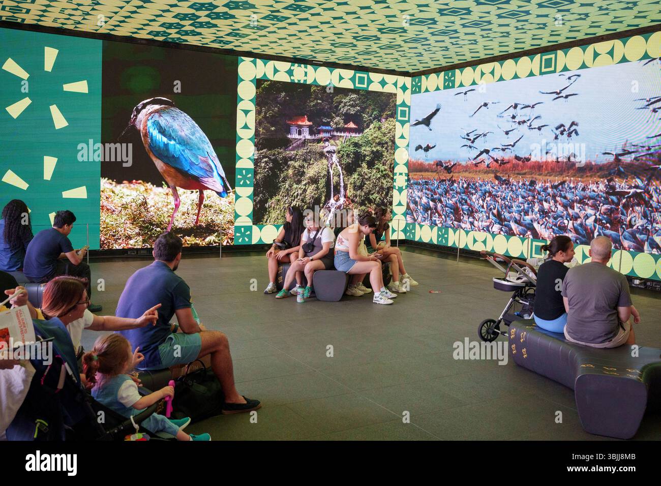 Les membres du public regardent une expérience audiovisuelle montrant la beauté et la culture de Taiwan, à Outernet Londres, le 13 juin 2025, à Londres, Angleterre. Créé par l’Administration du tourisme de Taiwan (TTA), le spectacle intitulé « Taiwan : Waves of Wonder », célèbre la beauté naturelle et la culture dynamique de l’île, des montagnes luxuriantes aux côtes étincelantes, l’expérience met en lumière les riches contrastes et l’énergie invitante de Taiwan. Banque D'Images