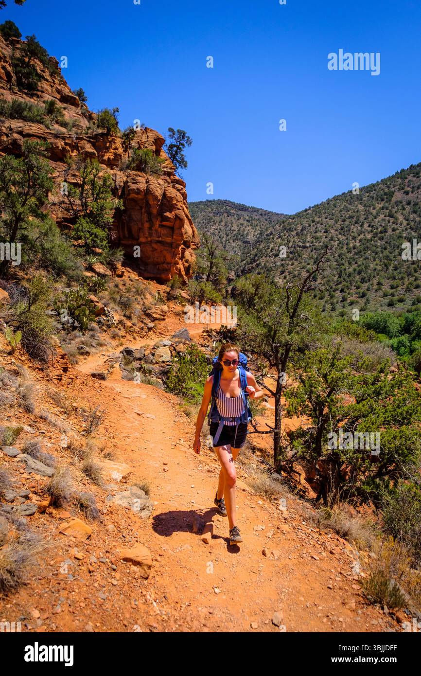 Randonnée pédestre femme le long du sentier rocheux par temps ensoleillé, Arizona, États-Unis Banque D'Images
