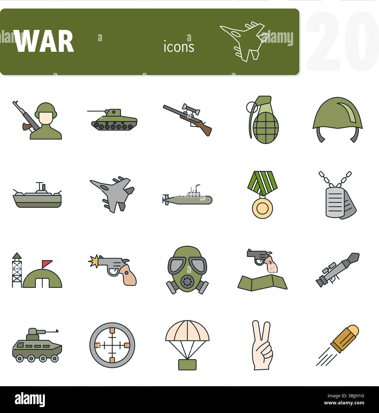 Ensemble de vingt icônes militaires et de style de ligne remplies de guerre décrivant la puissance de l'armée Illustration de Vecteur