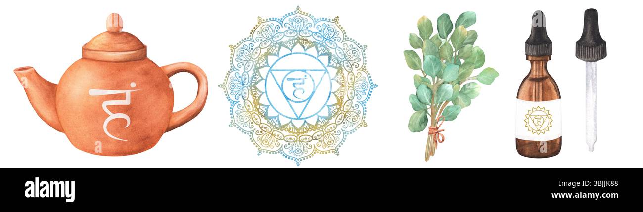 Un faisceau de cliparts d'aquarelle sur le thème du chakra de l'équilibre de la gorge. Théière en terre cuite, flacon en verre d'huile essentielle, eucalyptus, un Vishud bleu doré Banque D'Images