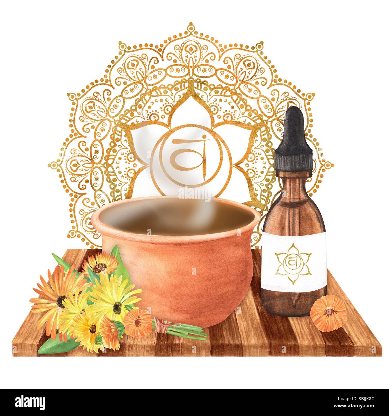 Flacon en verre aquarelle avec huile essentielle. pot en argile avec infusion à base de plantes et bouquet de calendula avec des fleurs et des feuilles. Chakra sacré orange doré SVA Banque D'Images
