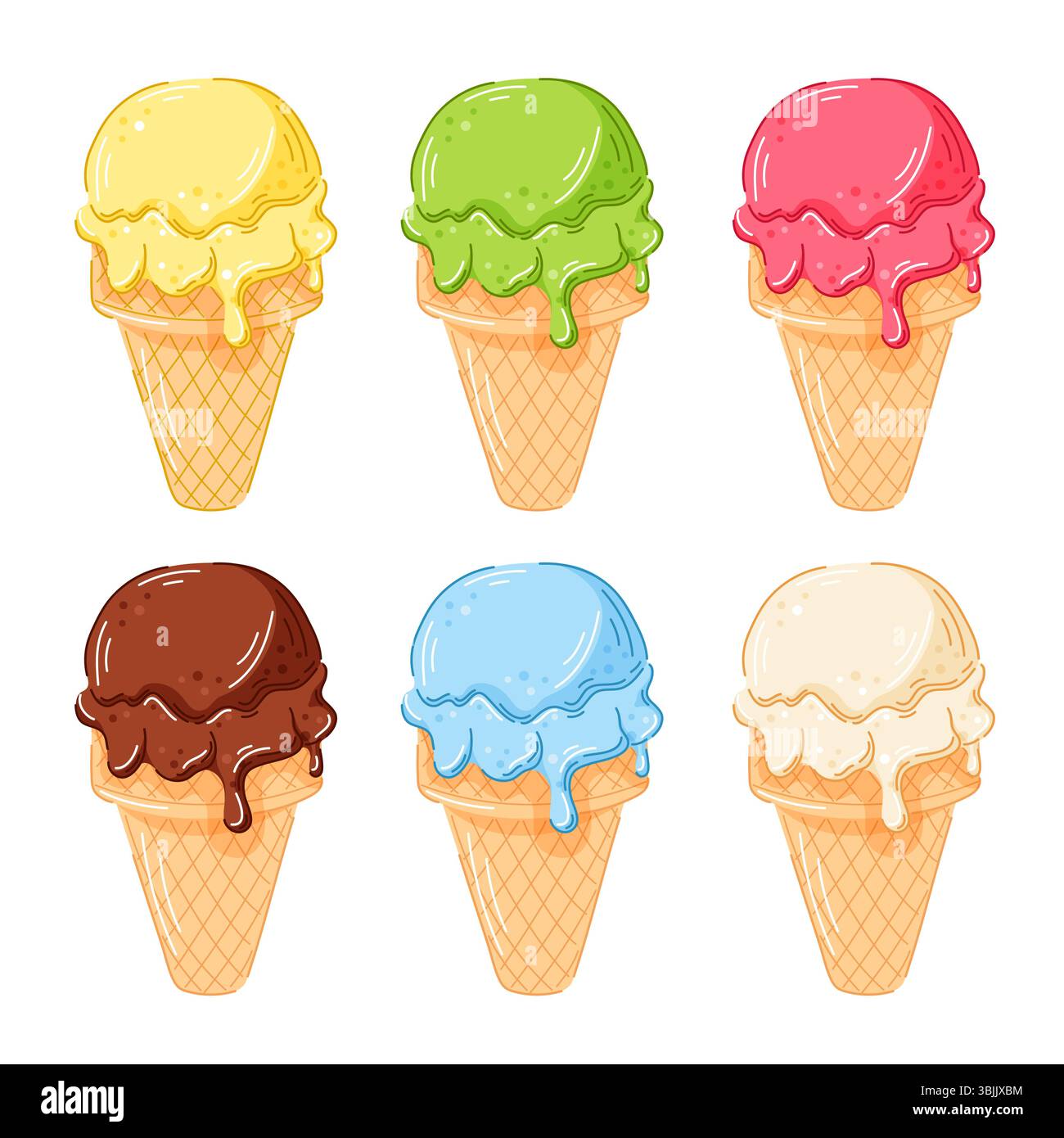 Ensemble de six cônes de crème glacée colorés avec une saveur différente dans le cône de gaufre dans le style de bande dessinée isolé sur fond blanc. Parfait pour le café dessert d'été Illustration de Vecteur