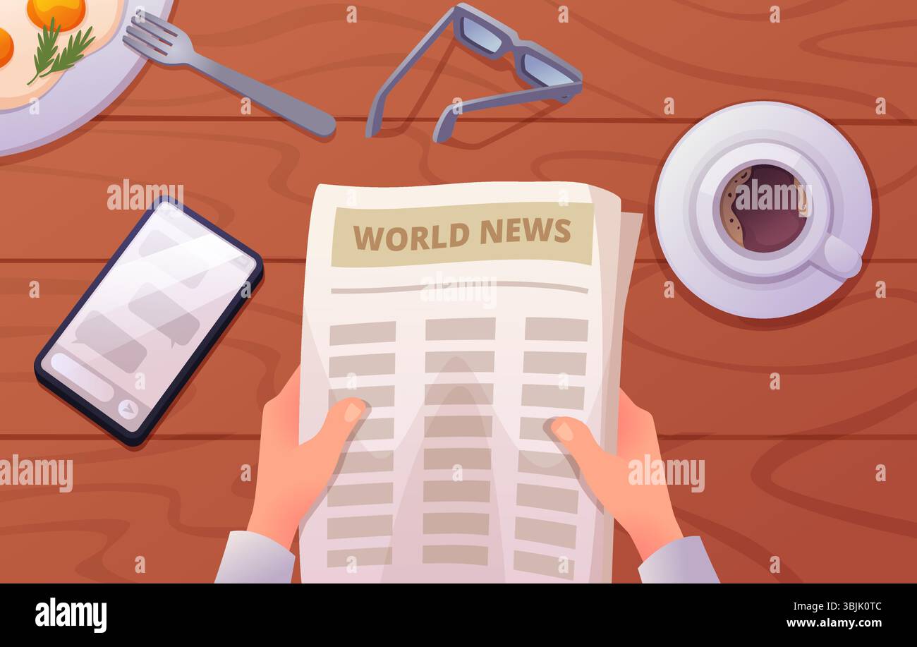 2505.m20.i406.n025.S.c15.nouvelles du matin. Vue de dessus pour les mains d'homme d'affaires tenant des pages de journal concept d'entreprise de vecteur exact Illustration de Vecteur