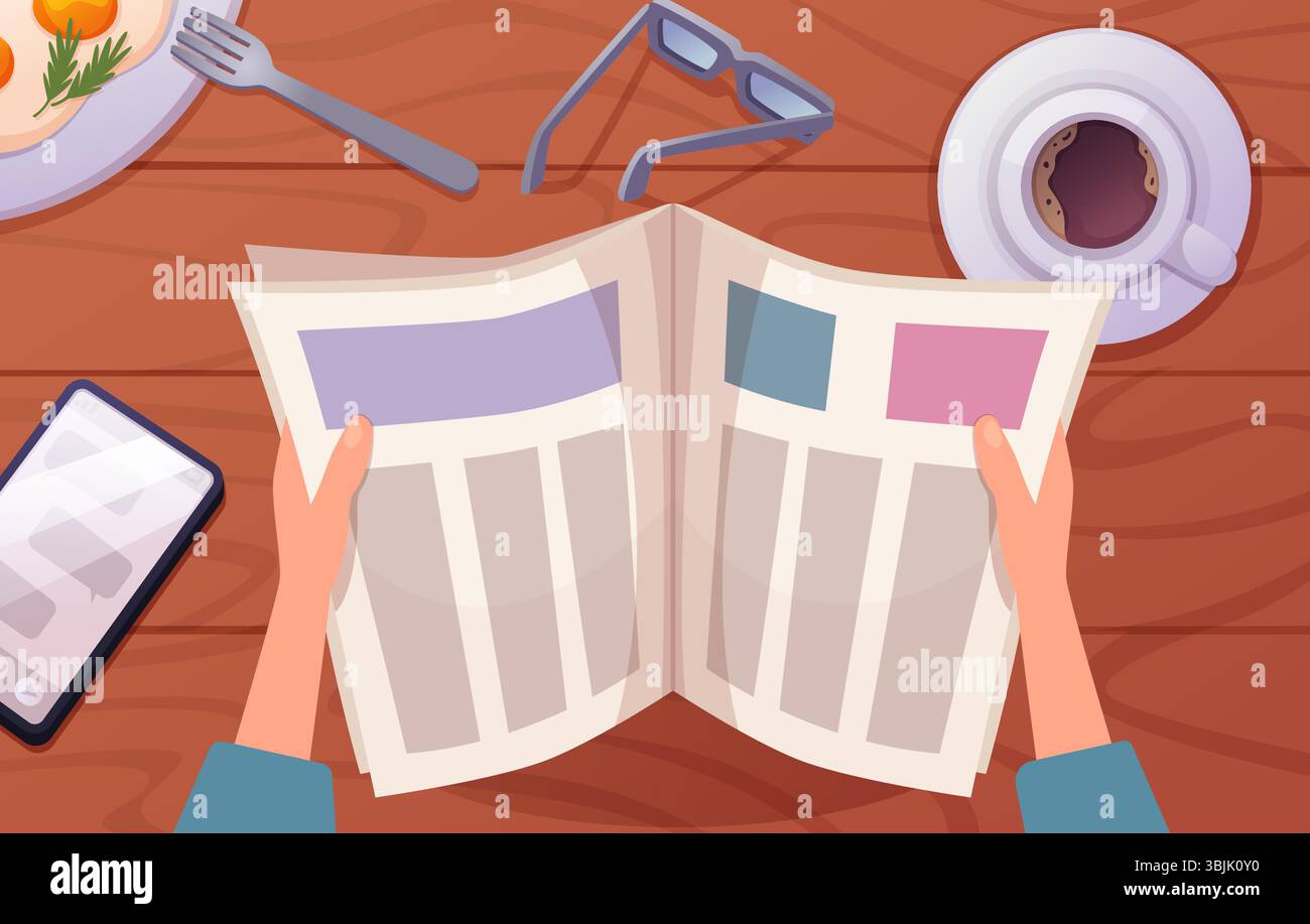 Journal entre les mains. homme tenant le journal quotidien lisant et mangeant le petit déjeuner. illustration vectorielle vue de dessus Illustration de Vecteur