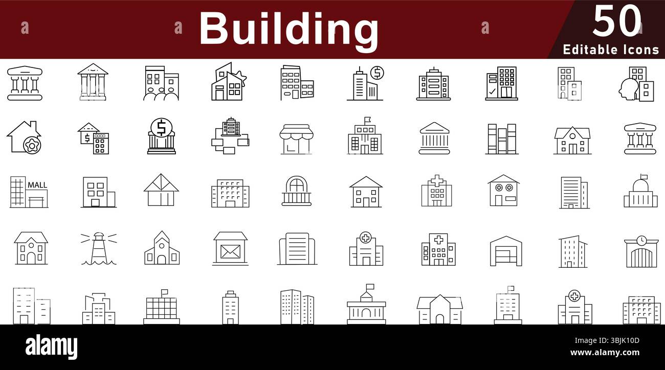 Ensemble d'icônes d'architecture de bâtiment - 50 icônes éditables de construction immobilière pour la propriété, l'urbanisme et la collection vectorielle d'infrastructure Illustration de Vecteur