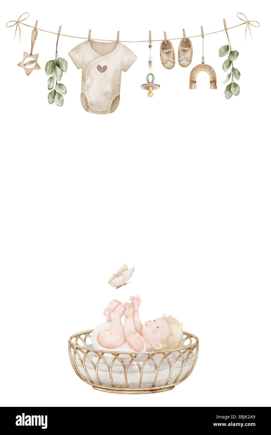 Illustration aquarelle avec modèle pour carte avec une corde à linge suspendue, bébé dans un panier, feuilles d'eucalyptus, sucette et papillon. Dessin de fond pour les conceptions et invitations de douche de bébé. Banque D'Images