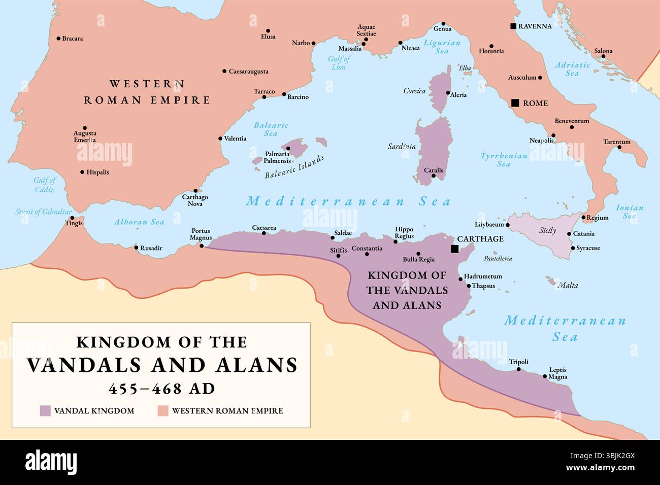Royaume des Vandales et des Alans, carte historique. Plus grande étendue du Royaume vandale de 455 à 468 après JC, pendant le règne de Gaiseric. Banque D'Images