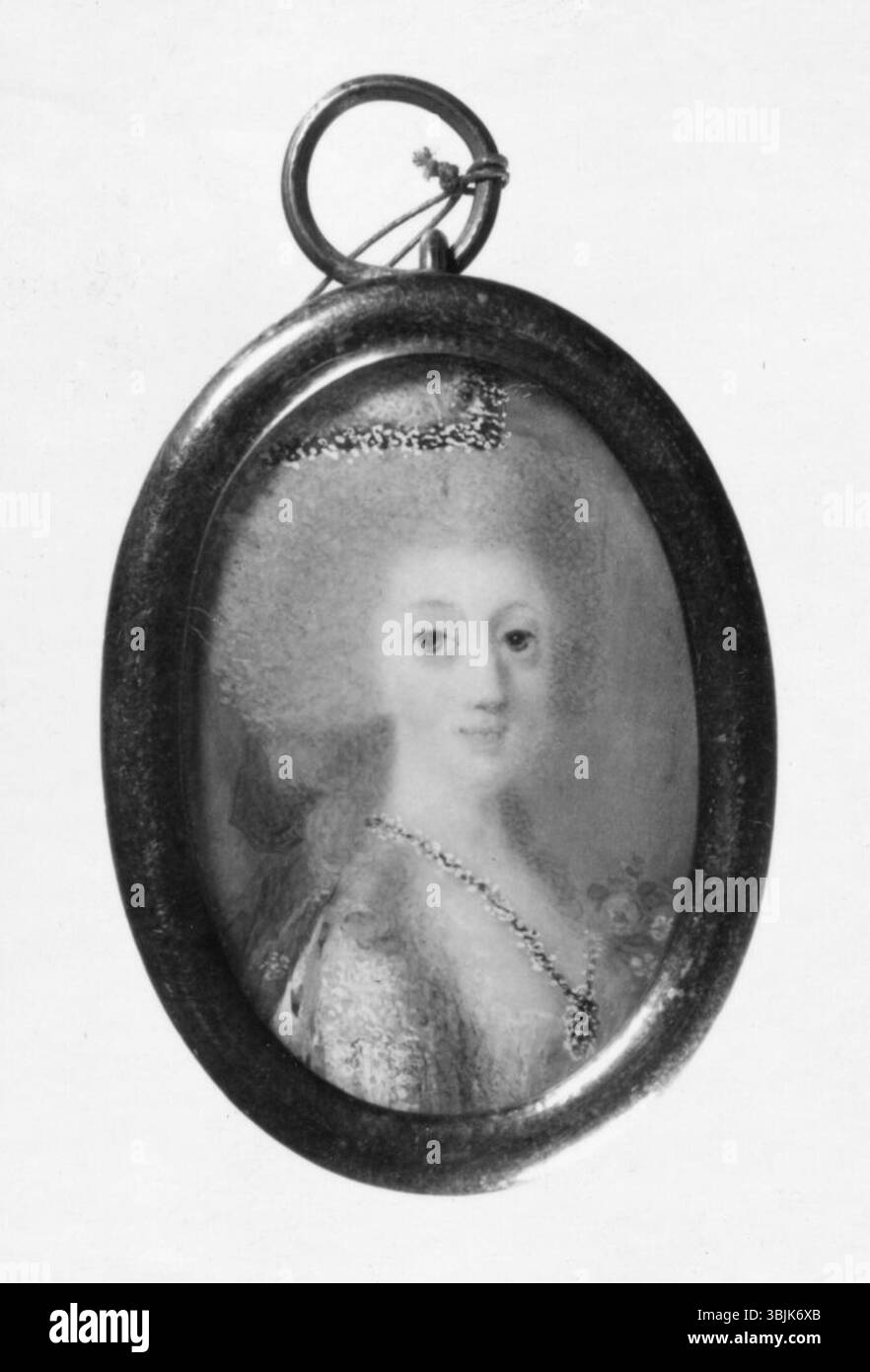 Ce tableau, attribué à Anton Ulrik Berndes (1757-1844), représente Sofia Magdalena de Danemark, reine de Suède de 1746 à 1813. L'œuvre d'art capture sa présence royale dans un style digne et historiquement précis. Le portrait reflète son importance dans l'histoire suédoise et son mariage avec le roi Gustave III Banque D'Images