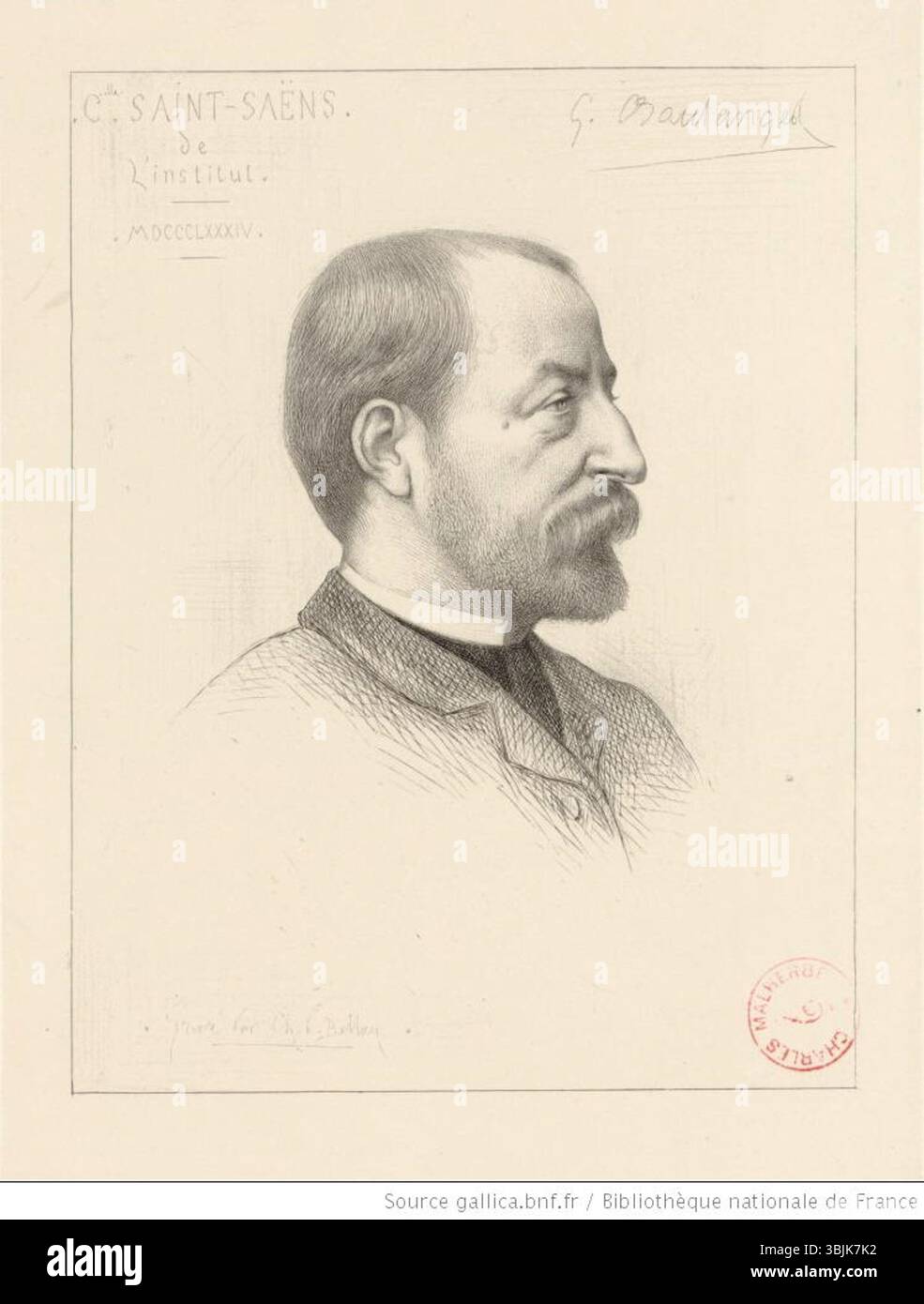 Portrait de 1884 du compositeur Camille Saint-Saëns par Gustave Boulanger, gravé par Charles Bellan. Le portrait est conservé à la Bibliothèque nationale de France. Banque D'Images Portrait de 1884 du compositeur Camille Saint-Saëns par Gustave Boulanger, gravé par Charles Bellan. Le portrait est conservé à la Bibliothèque nationale de France. Banque D'Images
