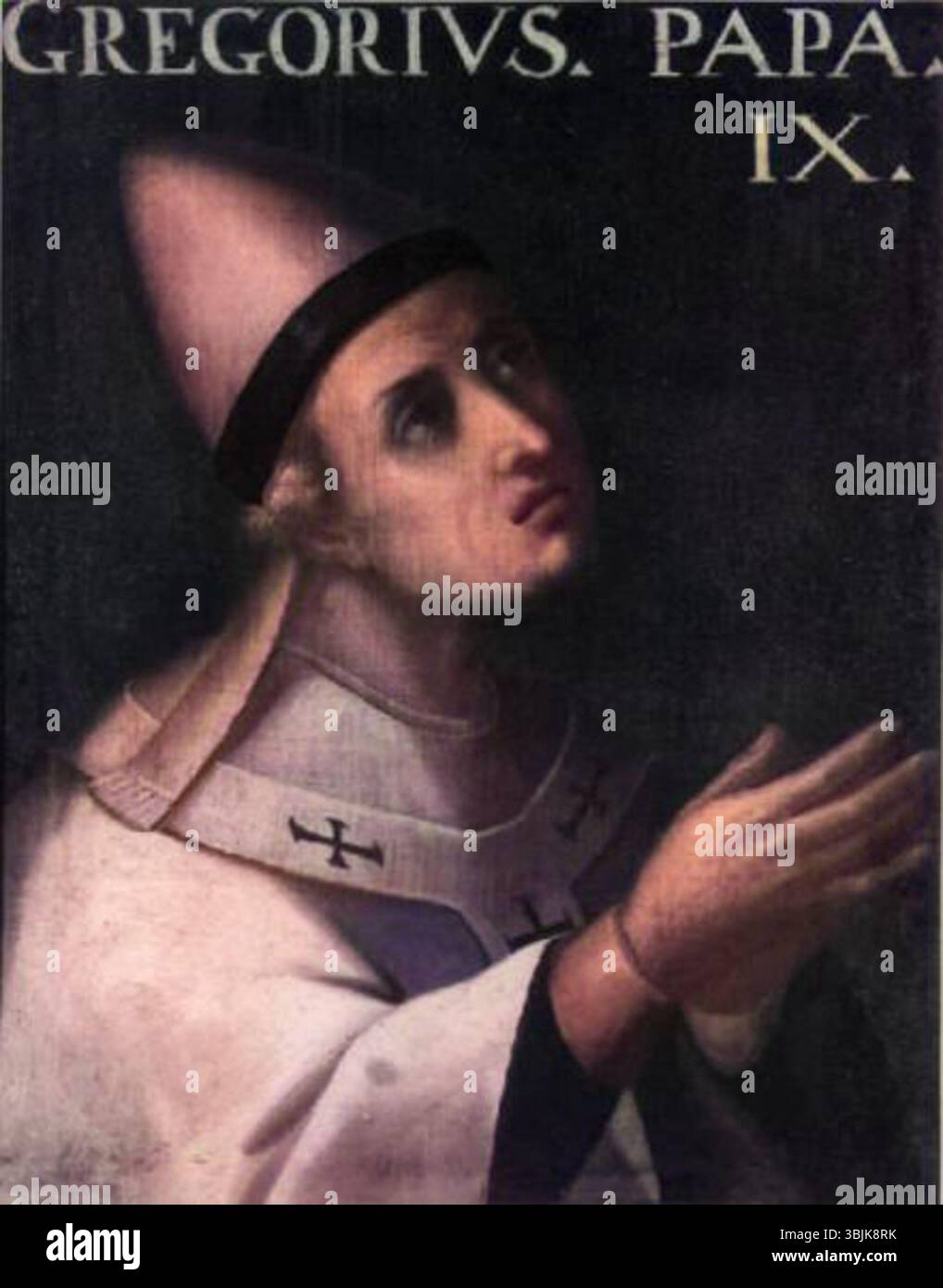 'Papa Gregorio IX' de Giuseppe Franco (1565-1628) est un portrait du pape Grégoire IX du XVIIe siècle. La peinture représente une représentation formelle du pape, caractéristique du portrait religieux baroque, capturant le rôle du pape dans l'Église. Banque D'Images