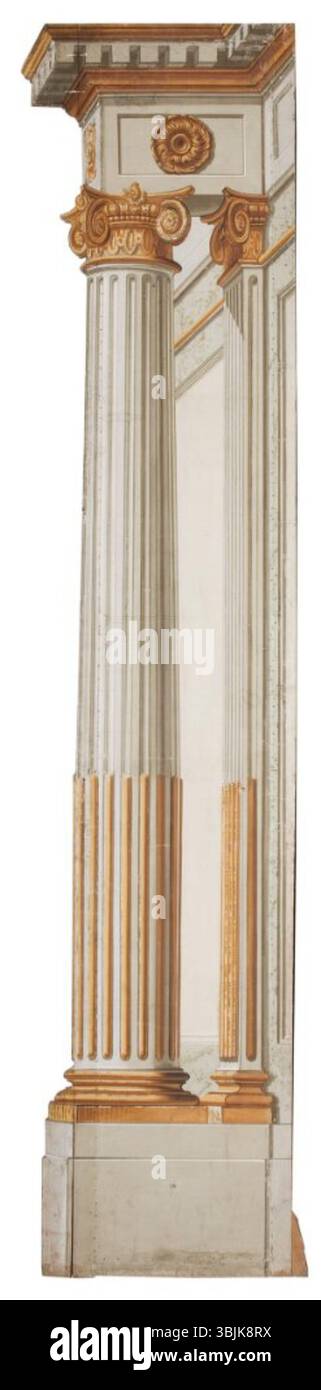 Attribuée à Erik Palmstedt, cette œuvre d'art représente la partie gauche de la scène pour 'Ett palais', avec une colonne ionique en évidence. Les dessins de Palmstedt pour le théâtre suédois au XVIIIe siècle se concentraient sur des détails architecturaux complexes qui complétaient la grandeur de la scène. Banque D'Images