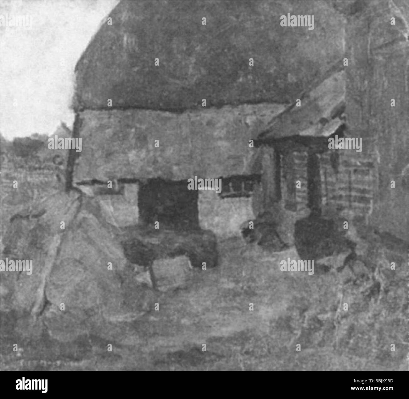 'Farmyard in the Achterhoek' de Piet Mondrian, peint entre 1897 et 1899, représente une scène de cour de ferme rurale dans la région d'Achterhoek. La peinture à l'huile capture la simplicité et la tranquillité de la vie à la campagne. Banque D'Images