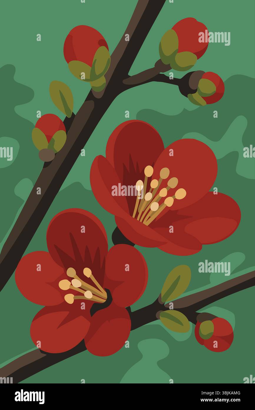 Illustration stylisée de fleurs rouges fleurissant sur des branches sombres, sur fond vert feuillu. Illustration de Vecteur