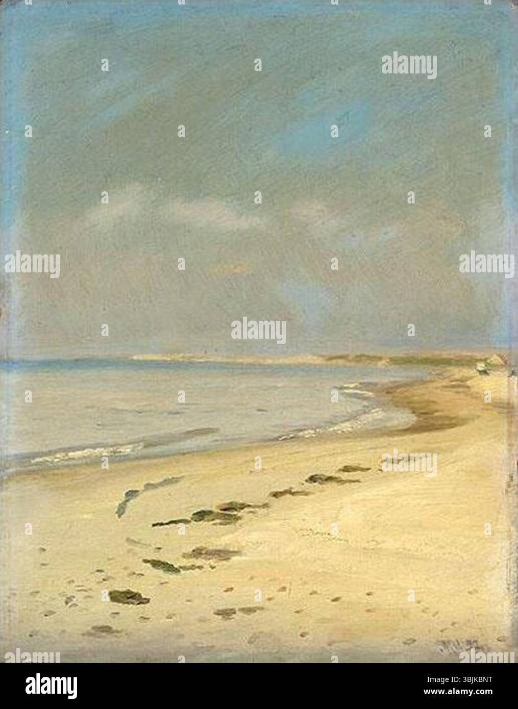 'Skagen' (1892) de Michael Ancher est une peinture à l'huile capturant l'essence de la région de Skagen au Danemark. Le style réaliste d'Ancher donne vie au paysage côtier, avec une lumière douce et des couleurs vives reflétant l'atmosphère unique de la rive nord. Banque D'Images