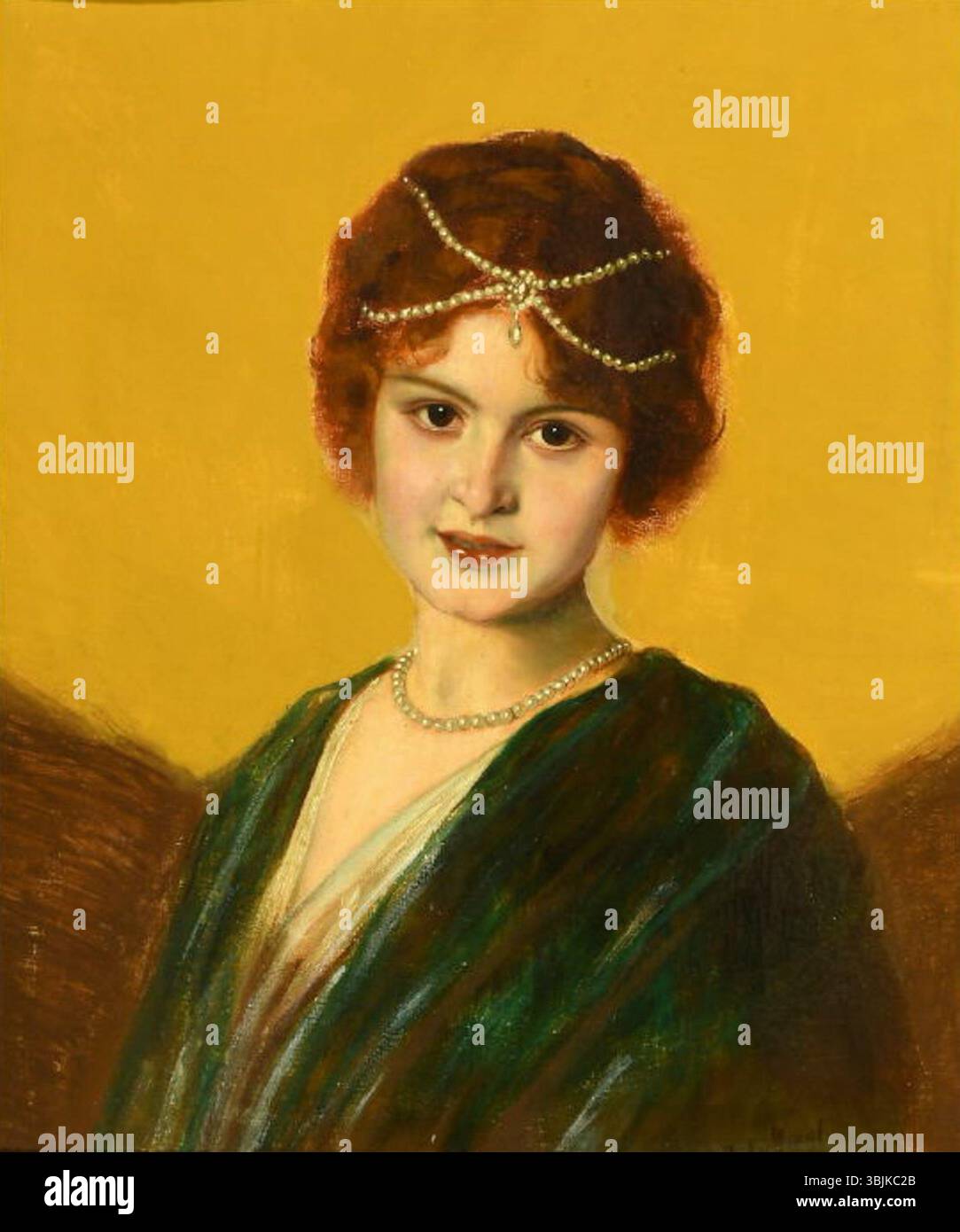 Portrait par Theodor Recknagl d'une jeune femme avec des bijoux en perles, peint à l'huile sur carton avant 1945 et signé en haut à droite. Banque D'Images