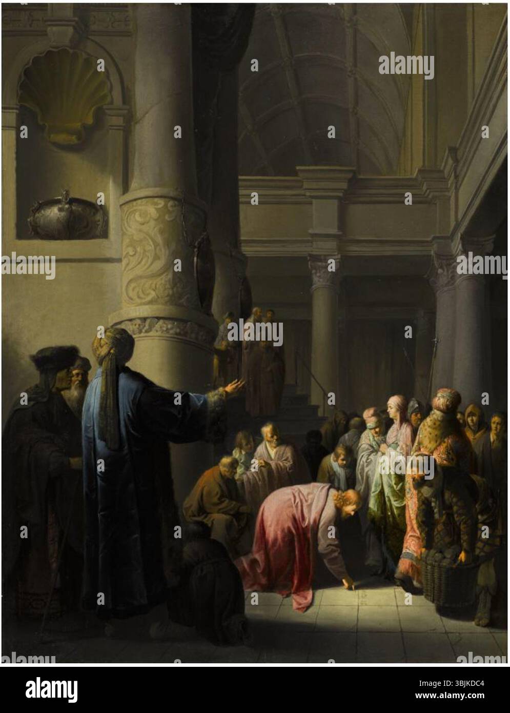 La peinture à l’huile de Willem de Poorter dépeint la scène biblique du Christ confrontant les accusateurs d’une femme prise dans l’adultère. Créé dans les années 1600, il est peint sur panneau et mesure 71,3 par 55,3 cm. Banque D'Images