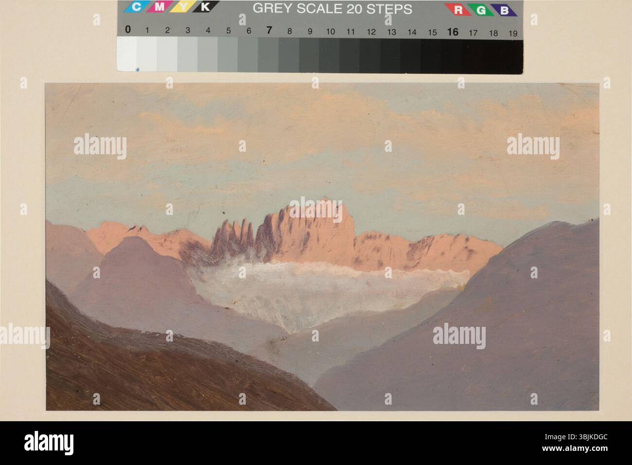 Johann Köler (1826–1899) peint Mägimaastik en 1897 à l'huile sur papier. La peinture représente un paysage montagneux avec un terrain naturel et une végétation. Banque D'Images