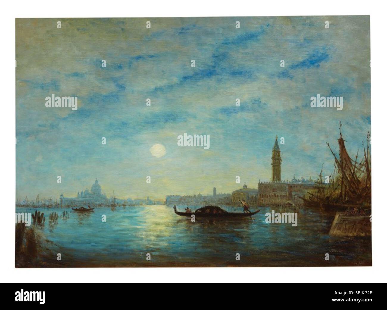'Bacino San Marco, Venise, sous le clair de lune' de Félix Ziem, peint vers 1880, représente une scène au clair de lune du Bacino San Marco à Venise. L'huile sur toile capture la beauté sereine de la célèbre lagune de Venise la nuit, illuminée par la douce lueur du clair de lune, avec des eaux tranquilles et des détails architecturaux de la ville. Banque D'Images