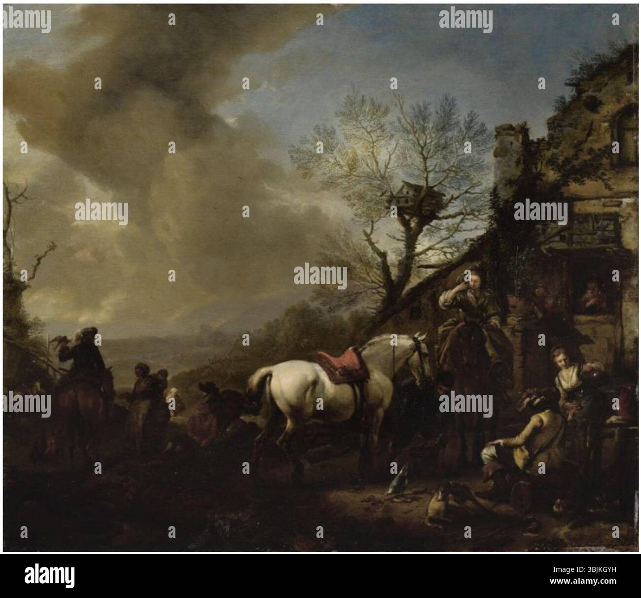 Peinture à l'huile sur panneau des années 1600 par Philips Wouwerman montrant des chasseurs avec des chevaux et des chiens se reposant à l'extérieur d'une auberge de campagne, reflétant des scènes de genre hollandaises du XVIIe siècle. Banque D'Images