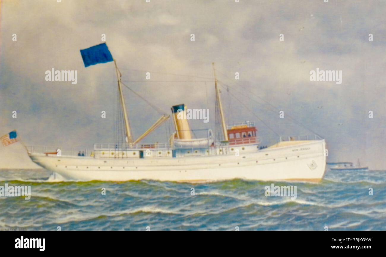'New Jersey Pilot Boat' d'Antonio Jacobsen (1850-1921) est une peinture à l'huile datant d'environ 1903, représentant un bateau pilote à vapeur. La peinture met en valeur les compétences de Jacobsen dans l’art maritime, mettant en valeur le bateau en pleine action sur l’eau. Banque D'Images