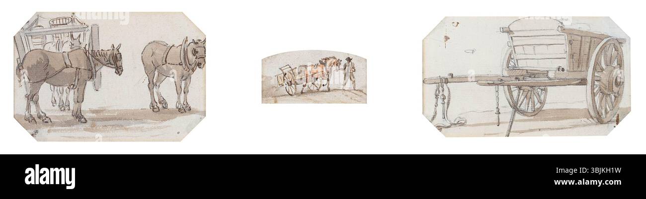 Paul Sandby's Horses and Carts. Three Studies présente des croquis de chevaux et de charrettes au crayon, au pinceau et à l'encre. Ces études offrent un aperçu de la pratique de Sandby et des observations détaillées de la vie rurale au XVIIIe siècle. Banque D'Images