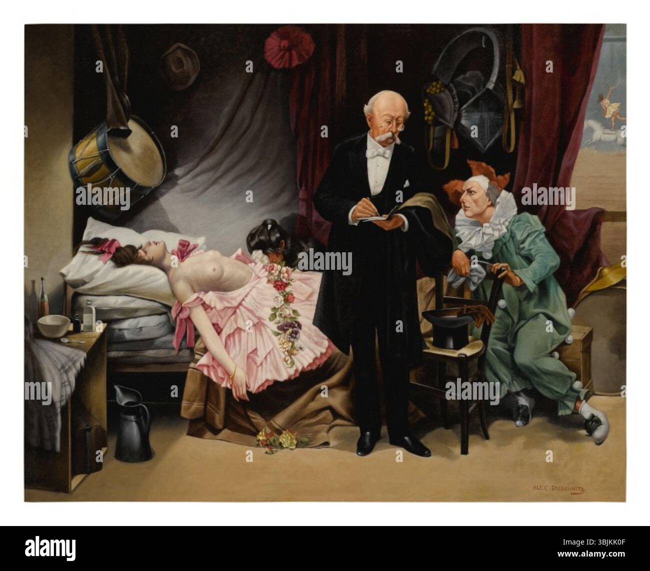 'Pierrot's Dilemma' d'Alex Duschnitz est une huile sur toile mettant en scène Pierrot, le personnage classique de la Commedia dell'Arte, dans un moment de lutte interne ou de dilemme. Le portrait expressionniste capture le conflit émotionnel de Pierrot. Banque D'Images