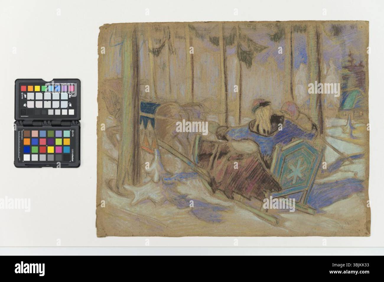 Peinture pastel Kojusõit d'Oskar Kallis, créée entre 1914 et 1915. L’œuvre est inspirée de l’épopée Kalevipoeg, rendue à bord avec du pastel, représentant un sujet culturel estonien clé. Banque D'Images