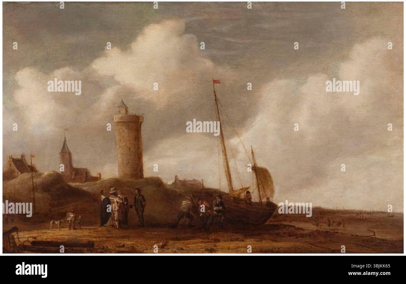 Le paysage côtier de Pieter van der Croos (1606-1662) est une huile sur panneau représentant un paysage marin serein avec un phare, des personnages marchant sur une plage et l'immensité de la mer. La peinture reflète le paysage néerlandais du XVIIe siècle Banque D'Images