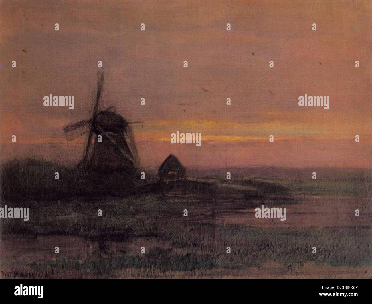 « Oostzijdse Mill with Streaked Reddish Sky » (1906-1907) de Piet Mondrian est une peinture paysagère saisissante mettant en scène un moulin sous un ciel dramatique, reflétant l’évolution de l’utilisation de la couleur et de la forme par Mondrian. Banque D'Images « Oostzijdse Mill with Streaked Reddish Sky » (1906-1907) de Piet Mondrian est une peinture paysagère saisissante mettant en scène un moulin sous un ciel dramatique, reflétant l’évolution de l’utilisation de la couleur et de la forme par Mondrian. Banque D'Images