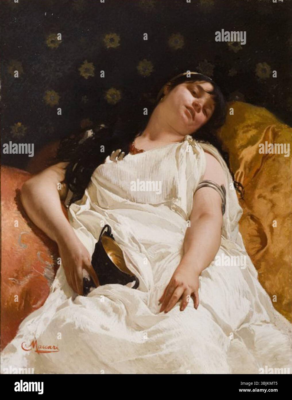 Bacchante (années 1870) de Cesare Maccari représente une Bacchante, une femme adepte de Bacchus, le Dieu romain du vin. La peinture à l'huile la capture dans un mouvement dynamique, évoquant l'esprit de célébration et de réjouissance. Banque D'Images