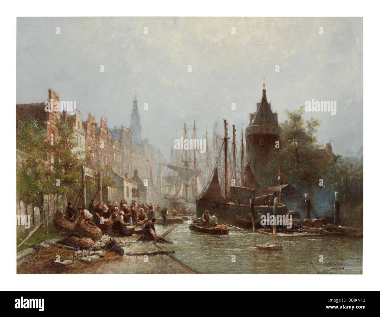 Cette huile sur toile de Willem Hendrik Eickelberg illustre les pêcheurs au travail. La scène capture le travail maritime, les bateaux et la vie côtière avec un réalisme détaillé. Banque D'Images