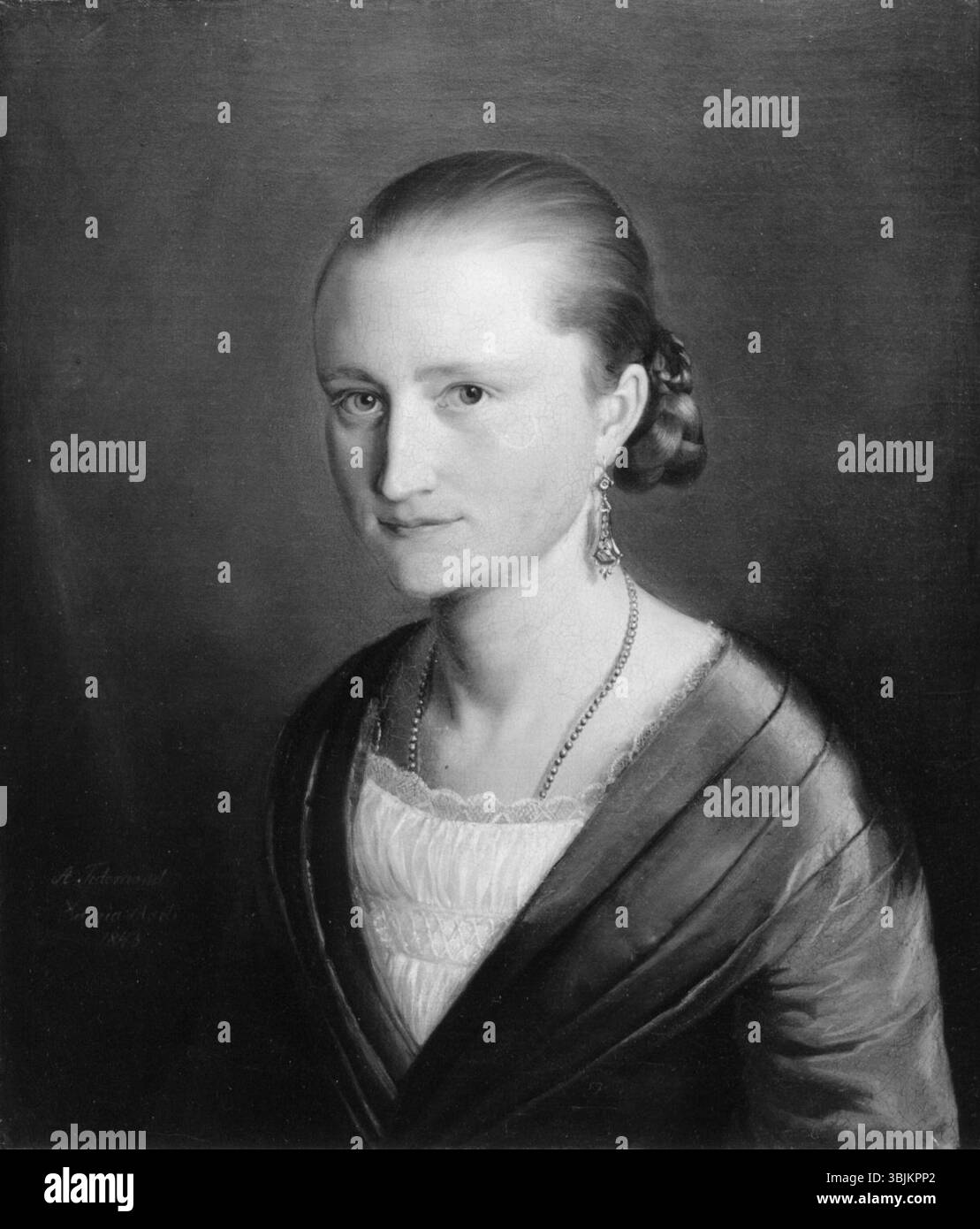 Adolph Tidemand peint Claudine Marie Birgitte Tidemand, sa femme, en 1843. Le portrait à l'huile montre Claudine Tidemand dans une tenue du milieu du XIXe siècle, reflétant les traditions du portrait norvégien. Banque D'Images