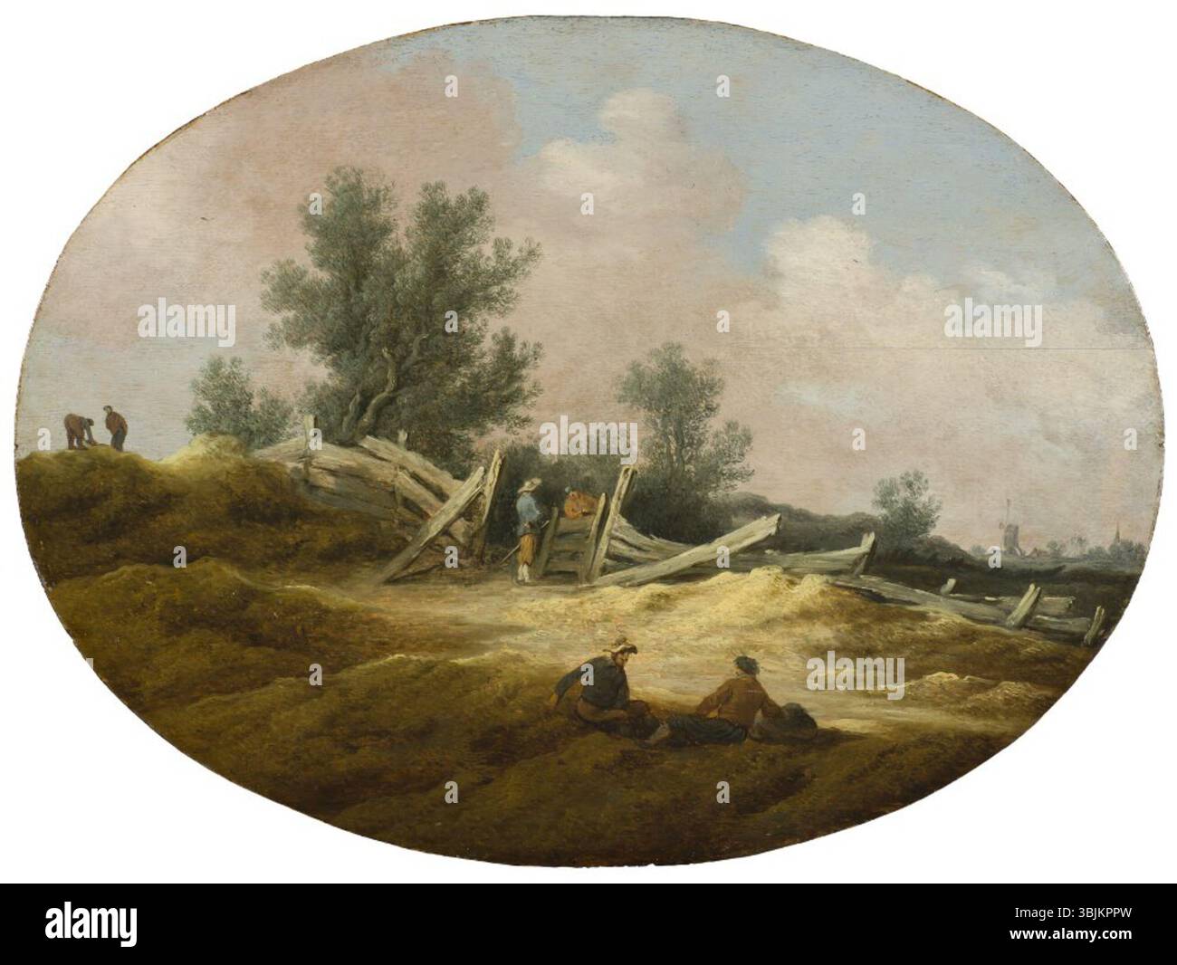 « Paysage avec une clôture en bois et des figures » (1628-1632) de Salomon van Ruysdael présente une scène de campagne tranquille avec une clôture en bois et des figures. La peinture à l’huile met en lumière l’expertise de l’artiste néerlandais dans la peinture de paysage, un thème central pendant l’âge d’or néerlandais. Banque D'Images