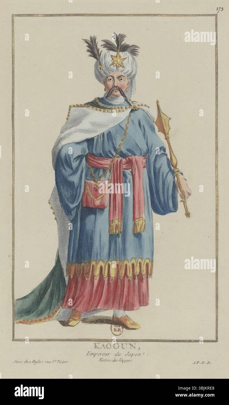 Kaogun, Empereur du Japon est une gravure de Pierre Duflos, créée en 1780. L'œuvre représente Kaogun, un empereur japonais fictif, capturant un mélange d'exotisme et d'interprétations européennes de la noblesse japonaise au XVIIIe siècle. Banque D'Images