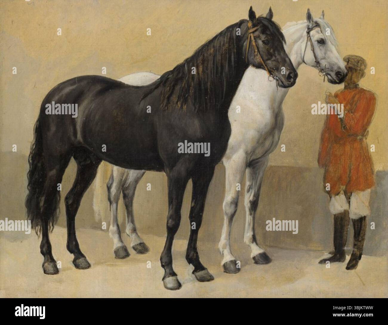 « Deux chevaux du prince Anatole Demidoff » d'Auguste Raffet est une huile et un crayon noir sur toile, représentant les chevaux élégants appartenant au prince Anatole Demidoff. L'œuvre souligne la beauté des animaux et de leur noble propriétaire. Banque D'Images