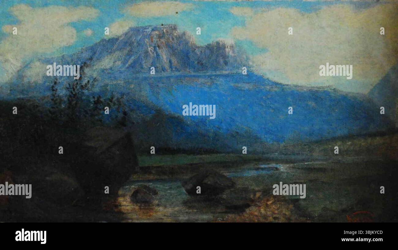 'StolovaYa Gora' (1886-1891) de Kosta Khetagurov est une peinture à l'huile de la montagne StolovaYa en Ossétie du Nord, exposée au Musée d'Art de Vladikavkaz, Russie. L'œuvre représente le paysage naturel avec une attention particulière à la lumière et à l'atmosphère. Banque D'Images