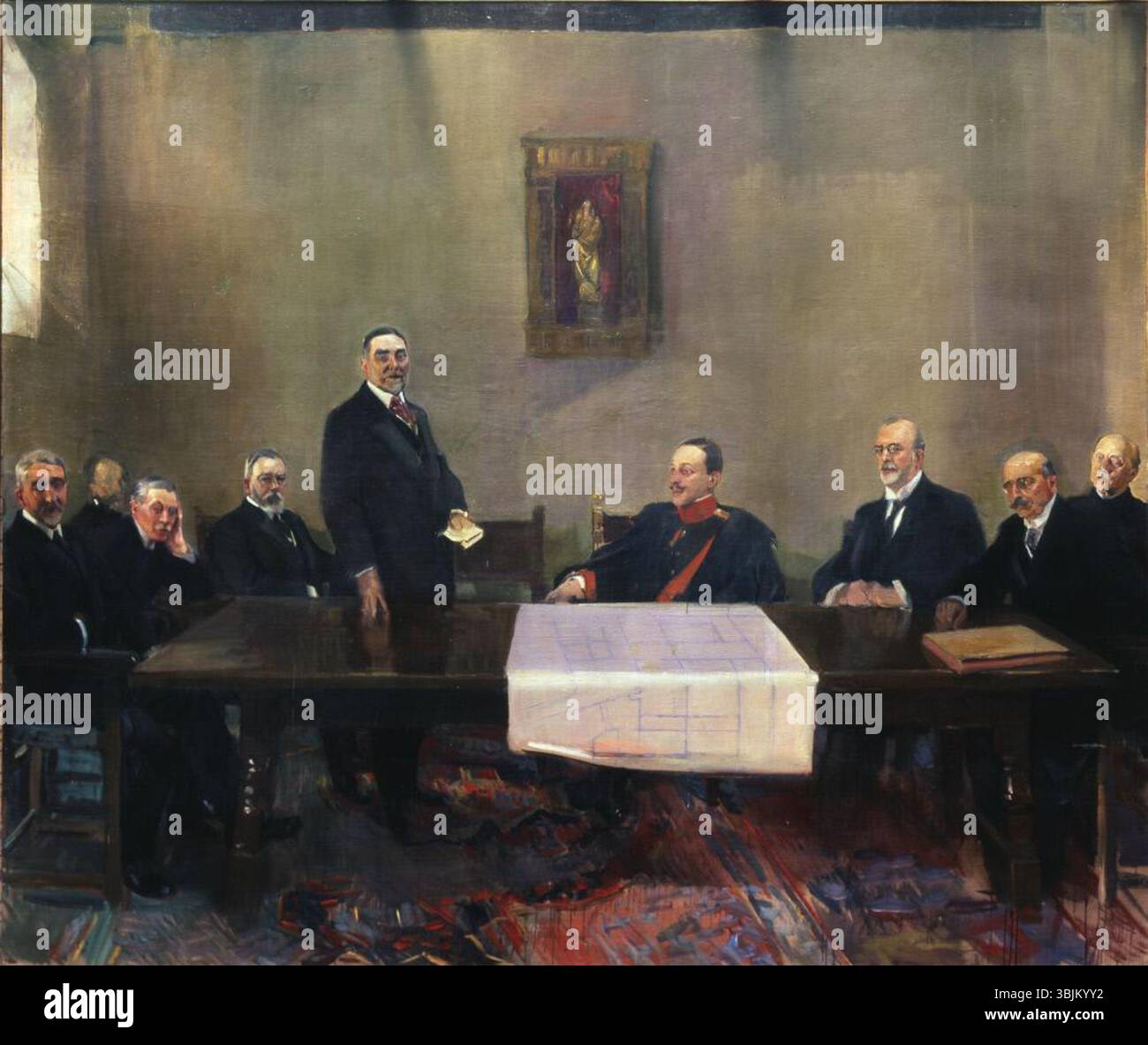 La peinture à l’huile sur toile de Joaquín Sorolla de 1912 à 1920 représente une réunion officielle à la Casa-Museo de El Greco à Tolède, montrant des figures assises et des détails intérieurs. Banque D'Images La peinture à l’huile sur toile de Joaquín Sorolla de 1912 à 1920 représente une réunion officielle à la Casa-Museo de El Greco à Tolède, montrant des figures assises et des détails intérieurs. Banque D'Images