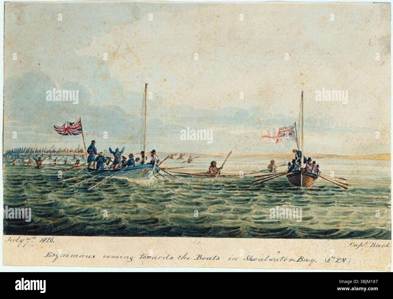 Cette aquarelle de 1826 de George Back représente les Inuits qui approchent des bateaux dans la baie Shoalwater. L’œuvre illustre l’exploration arctique et la vie autochtone au début du XIXe siècle. Banque D'Images