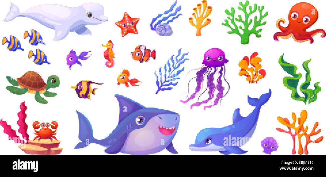 Ensemble enfantin pour animaux sous-marins. Animal habitant l'océan de mer, poisson tropical avec des algues corail monde marin sous la vie de l'eau dauphin méduse poulpe, illustration vectorielle chic illustration originale Illustration de Vecteur