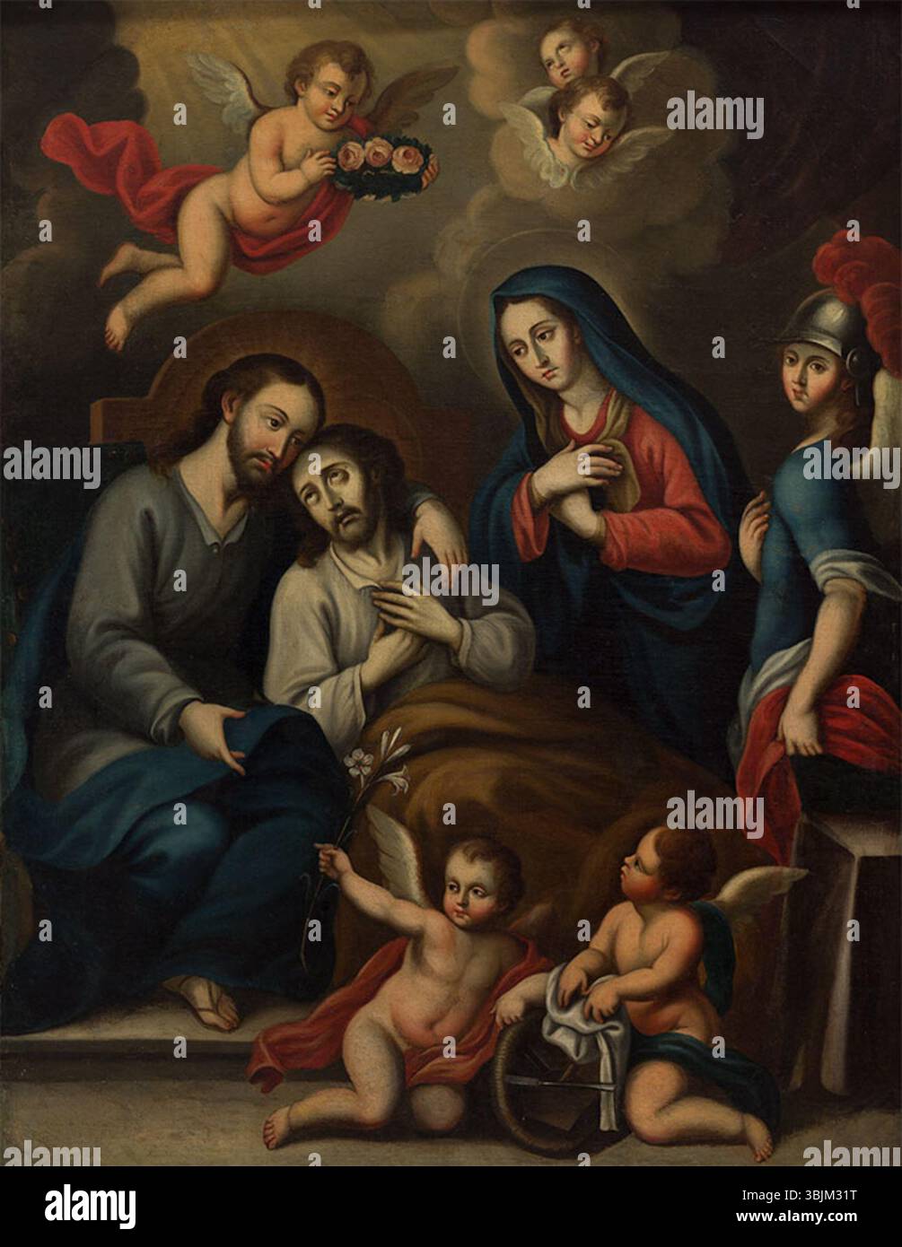 Le tableau du XVIIIe siècle de José Nicolás de Escalera, « la muerte de San José », représente la mort de Saint Joseph. L’huile sur toile capture un moment poignant de l’histoire religieuse avec profondeur émotionnelle et révérence spirituelle. Banque D'Images