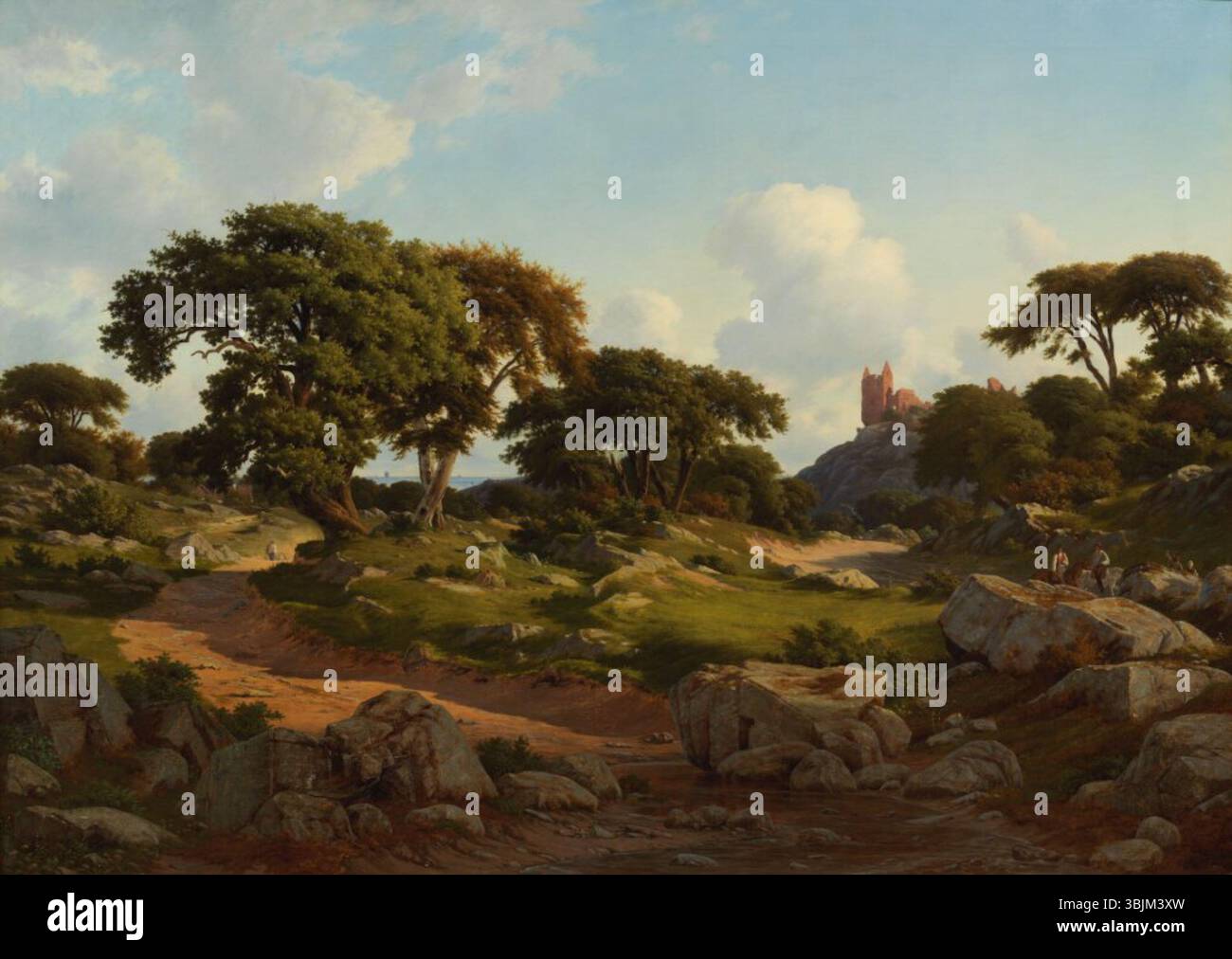 « Paysage avec un château en ruines, Hammershus sur l'île de Bornholm » de George Emil Libert (1845) capture la beauté saisissante d'un château en ruines sur l'île danoise de Bornholm. La peinture à l'huile sur toile souligne le contraste entre la structure délabrée et le paysage naturel environnant. Banque D'Images