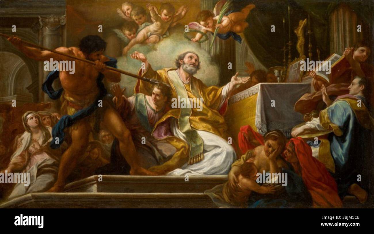 Le martyre de Saint Matthieu est une huile sur toile de Sebastiano Conca (1680-1764). Il représente la scène biblique du martyre de Saint Matthieu, capturant des thèmes religieux dramatiques et le style artistique baroque. Banque D'Images