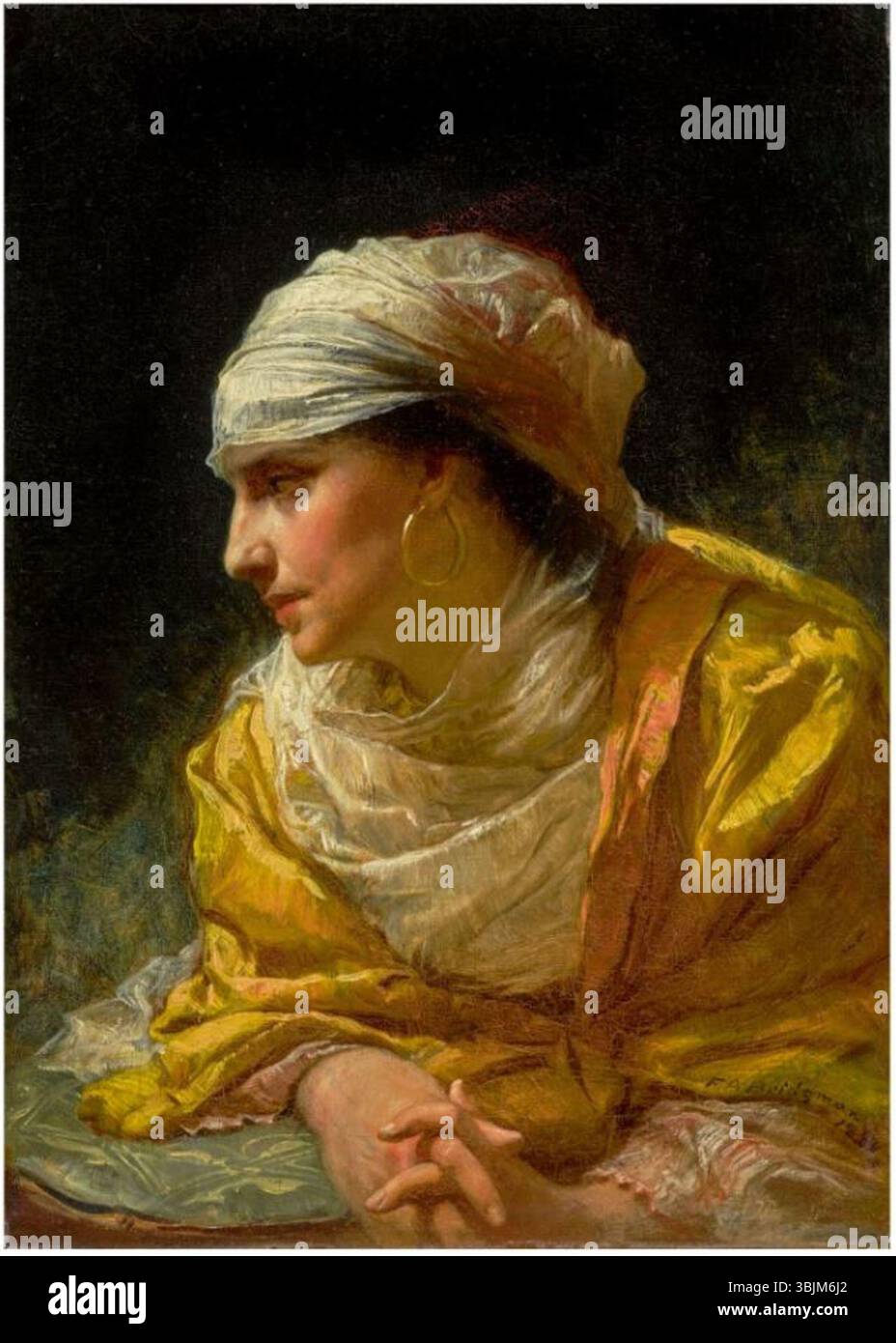 La peinture à l’huile de Frederick Arthur Bridgman de 1881, *le regard*, représente une femme au regard intense et captivant. L’œuvre met l’accent sur son expression, avec un tissu fluide et des détails complexes, typiques de l’accent mis par Bridgman sur l’orientalisme et l’éclairage dramatique. Banque D'Images