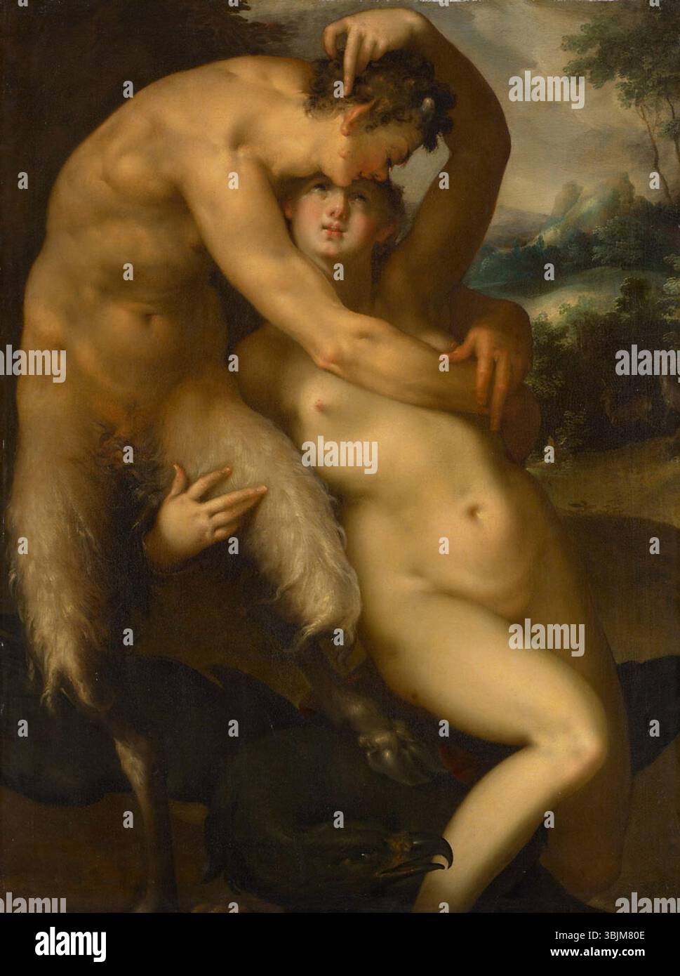 Bartholomeus Spranger (1546-1611) peint Jupiter und Antiope vers 1596. Cette peinture à l'huile représente la scène mythologique de Jupiter et Antiope, illustrant le style maniériste avec des figures allongées et une composition complexe typique des européens de la fin du XVIe siècle Banque D'Images