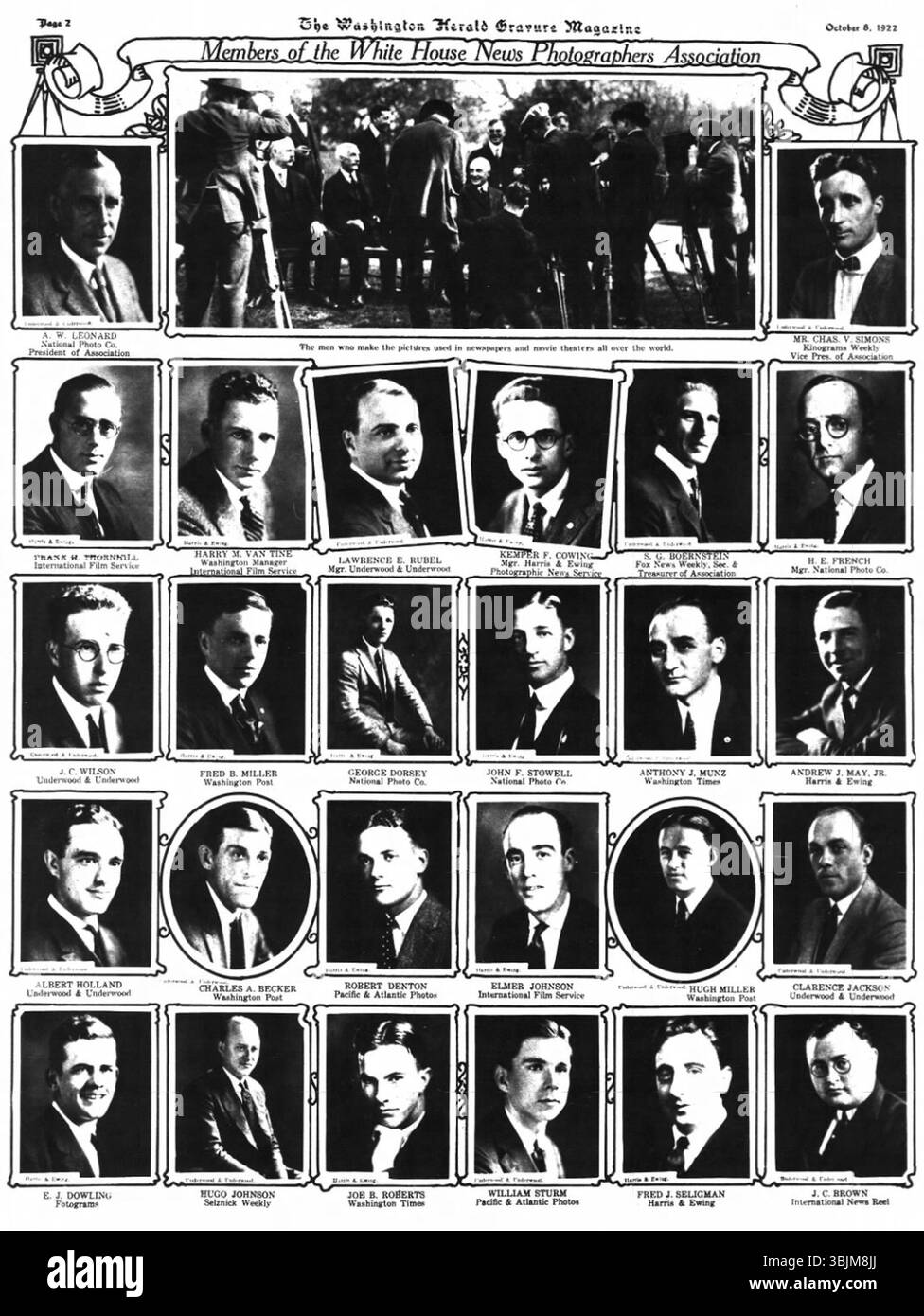 Photographie de la White House News Photographers Association, publiée dans le Washington Herald gravure Magazine le 8 octobre 1922. Cette image historique offre un aperçu des médias et du journalisme américains du début du XXe siècle. Banque D'Images