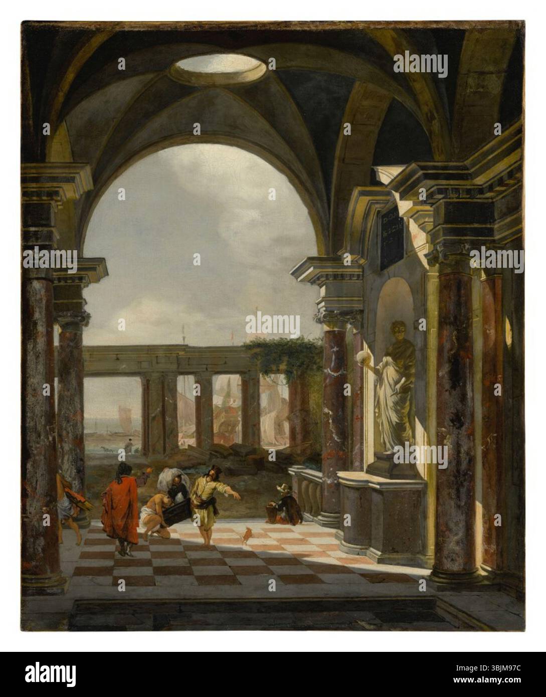 « Architectural Interior with Foreign Shippers » de Jan Baptist Weenix montre une scène intérieure détaillée mettant en vedette des commerçants étrangers, des ruines et un chantier naval lointain. La composition de l'huile sur toile reflète l'influence du baroque néerlandais et des paysages architecturaux. Banque D'Images