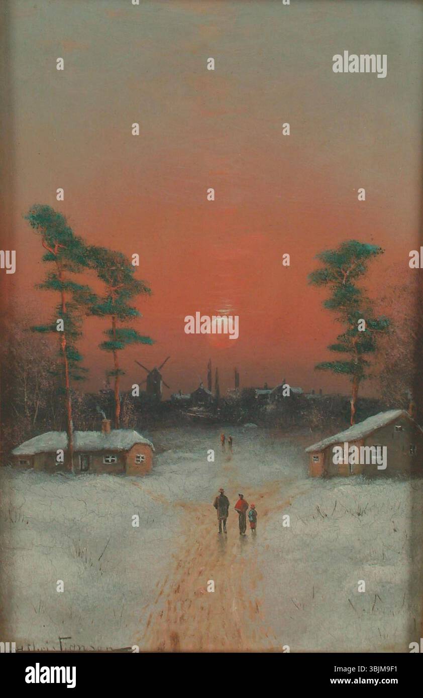 Niels H. Christiansen (1850–1922) peint *Personer i et vinterlandskab ved solnedgang* (*figures dans un paysage d'hiver au coucher du soleil*) entre 1874 et 1903. L'huile à bord représente des figures dans une scène hivernale, illuminée par la lueur chaude du coucher du soleil. Banque D'Images