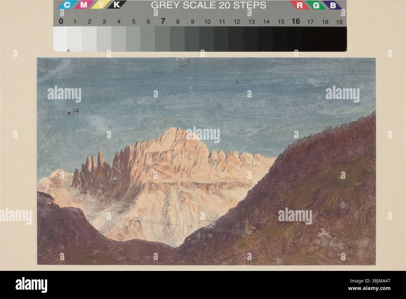 Johann Köler (1826–1899) peint « paysage de montagne » en 1897 à l'huile sur papier. L'œuvre représente un terrain montagneux naturel avec une attention particulière aux effets de lumière et d'atmosphère. Banque D'Images