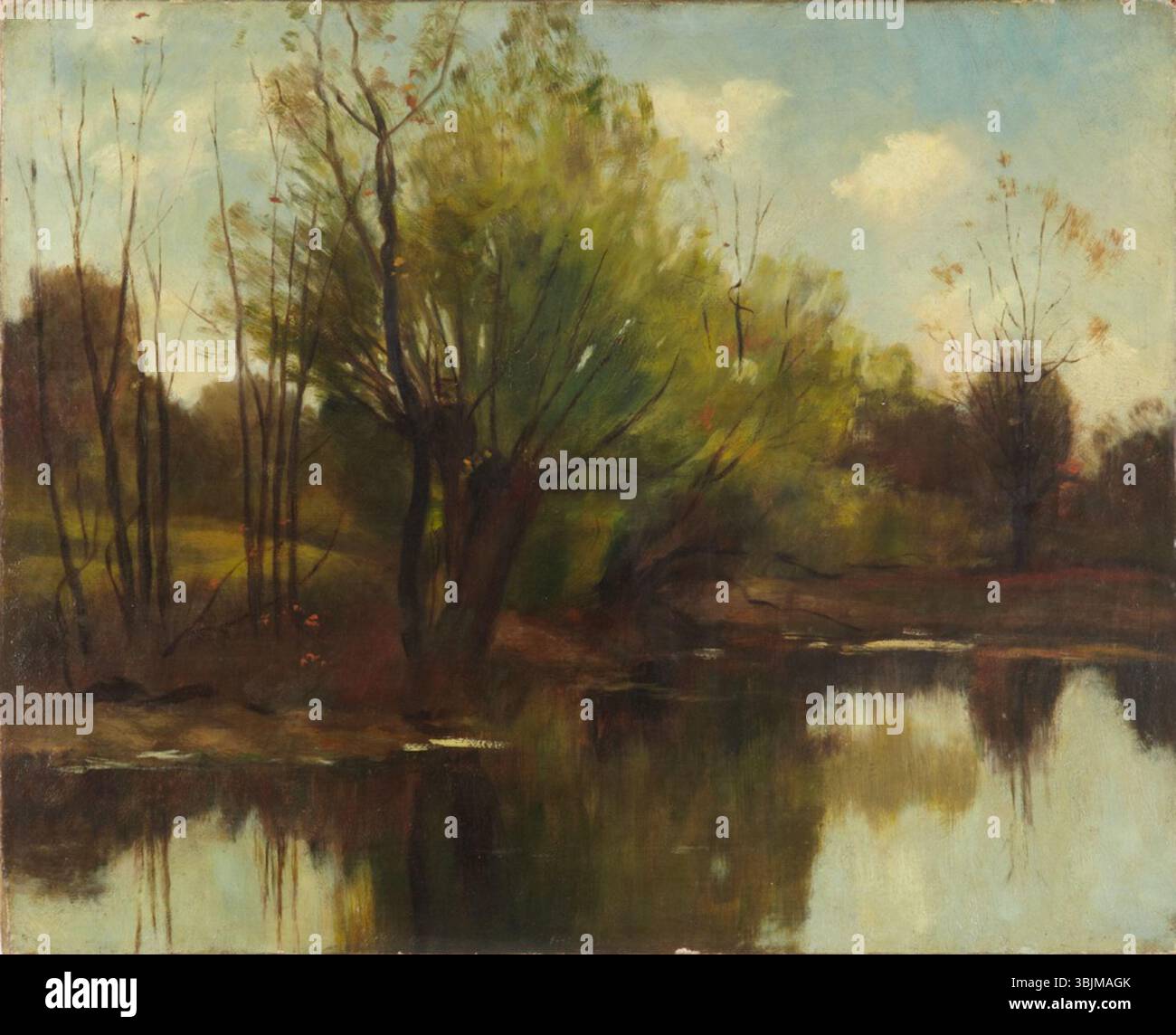 « Pond in the Woods » de John Appleton Brown (huile sur toile) présente une scène boisée sereine, mettant en valeur un étang entouré d'arbres. La composition met l'accent sur l'eau calme, la verdure riche et la lumière naturelle, typique de la peinture paysagère américaine du XIXe siècle. Banque D'Images