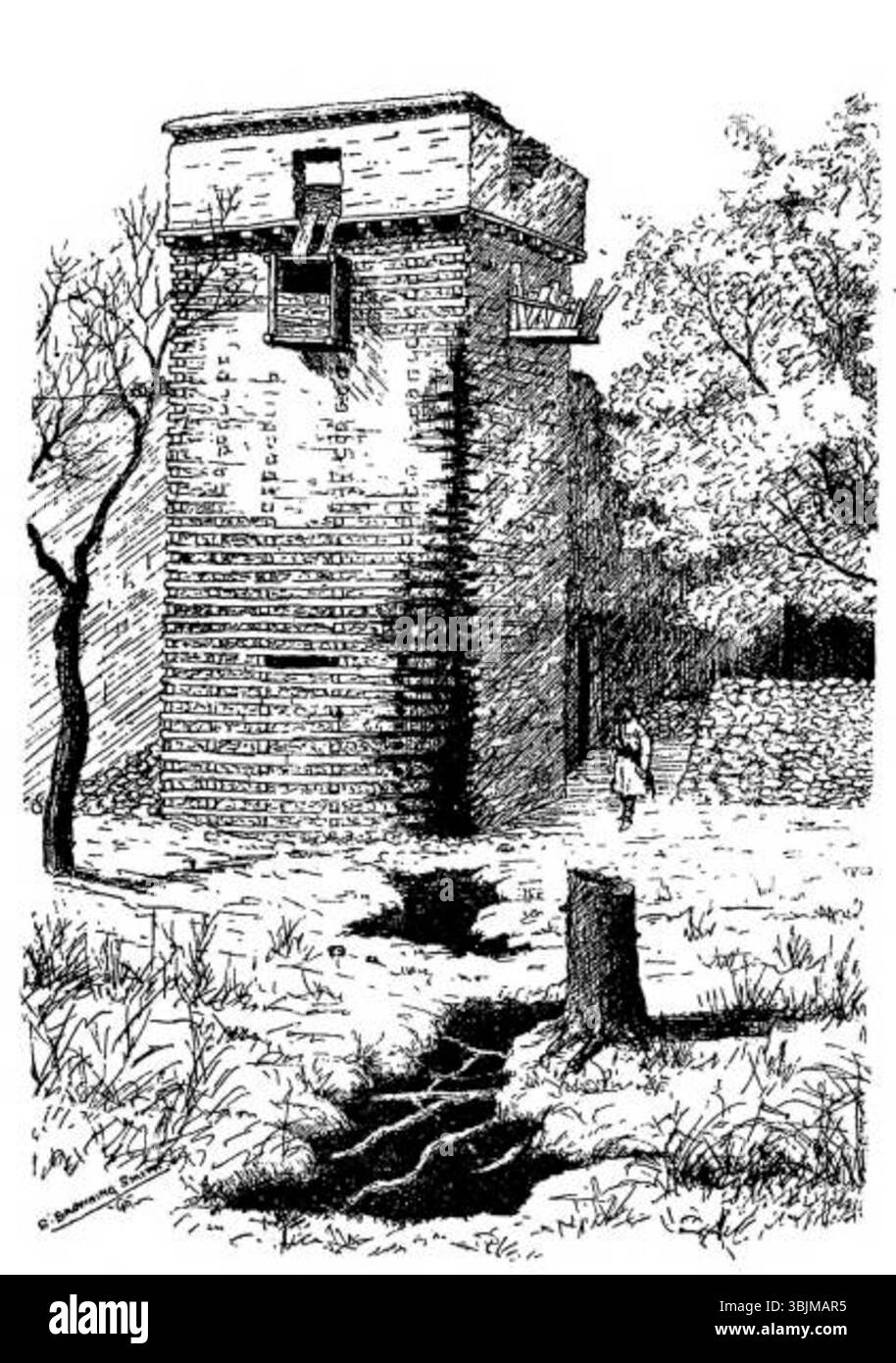 Croquis de la tour sud (canon) du fort Chitral, réalisé en 1895. Le dessin, basé sur des croquis du capitaine de chirurgien Browning-Smith ou du lieutenant Beynon, documente les fortifications militaires pendant la campagne de Chitral. Banque D'Images